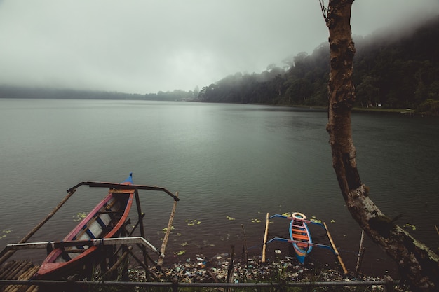 little canoes in a lake