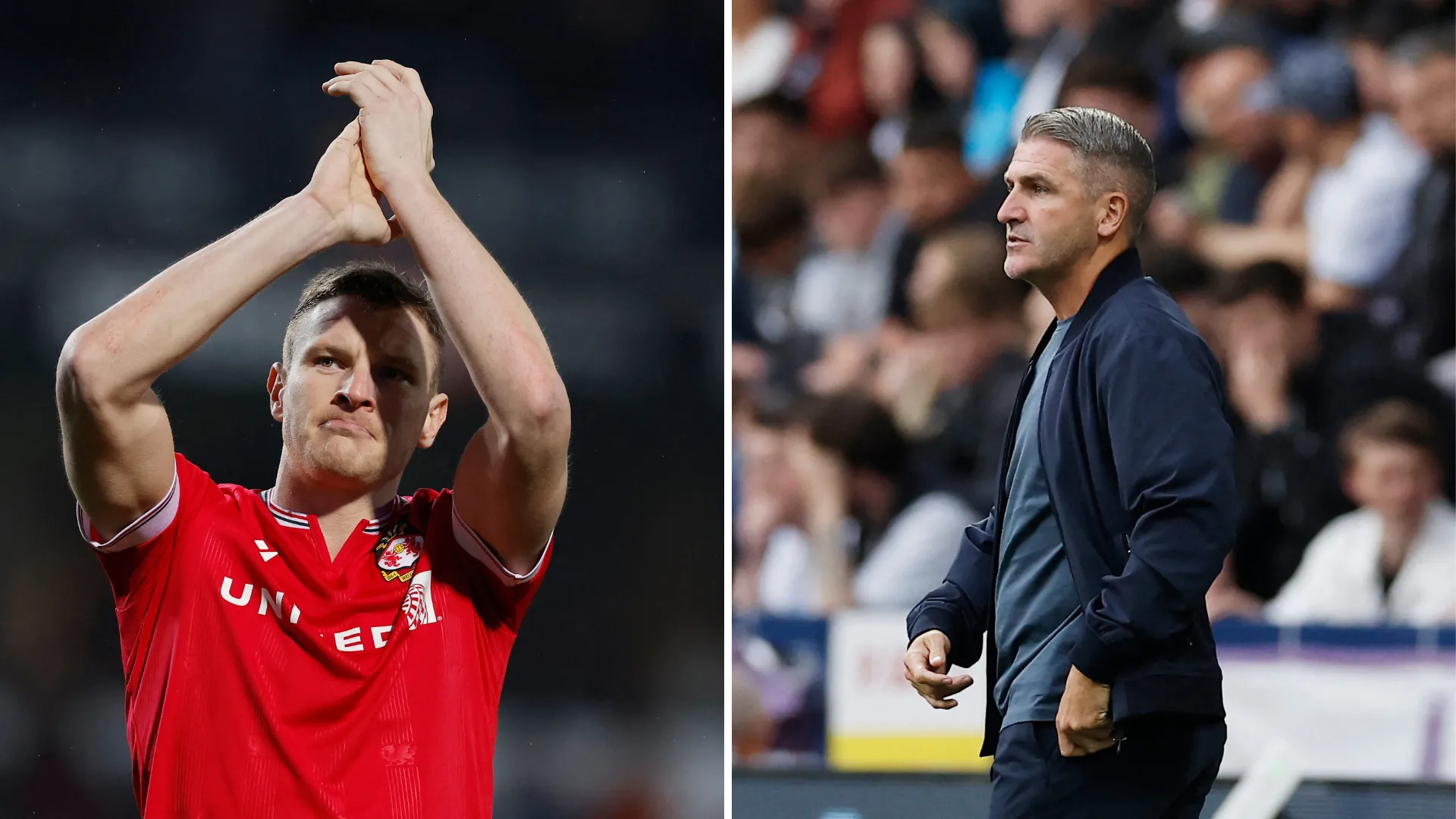 Paul Mullin và huấn luyện viên Ryan Lowe, hai nhân vật chính trong tin đồn chuyển nhượng Wrexham - Wigan