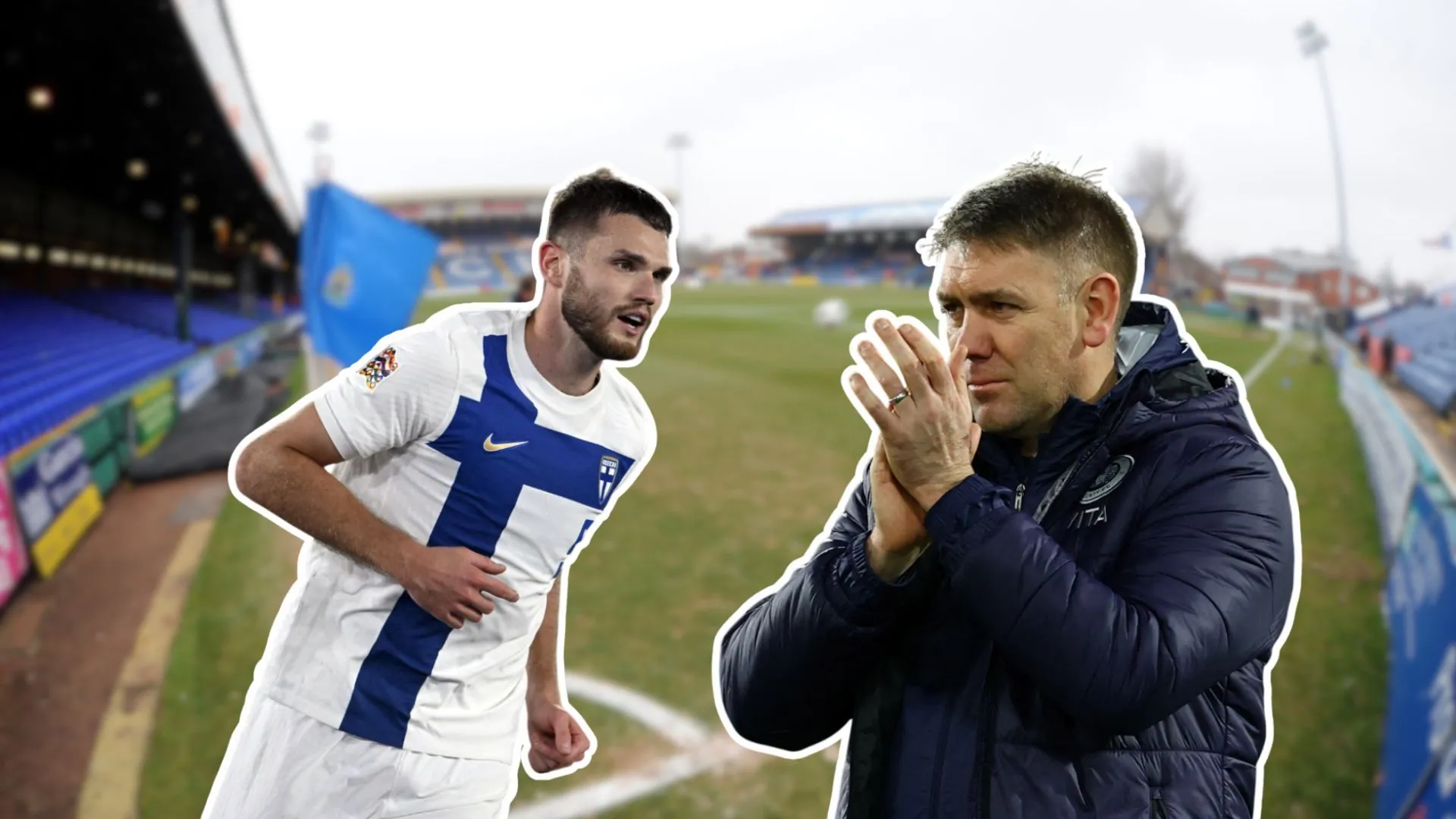 Huấn luyện viên Dave Challinor và Arttu Hoskonen trong bối cảnh sân Edgeley Park của Stockport County.